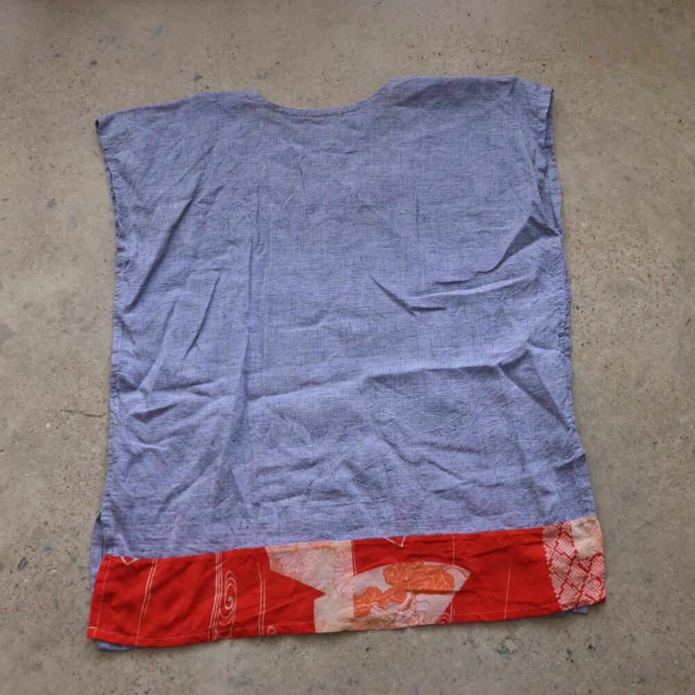 Artisan Linen Smock Top Blue Check Patchwork Hem Tunic Boho Cottagecore